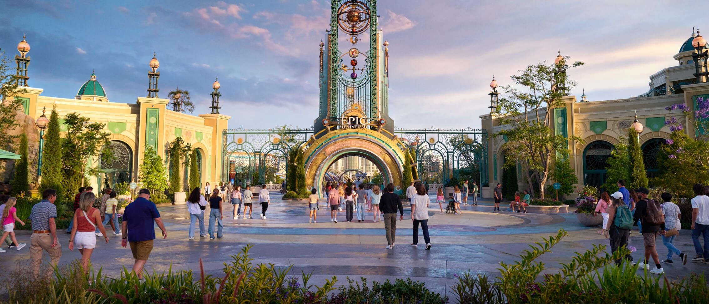 Universal Epic Universe theme park entrance with colorful attractions
